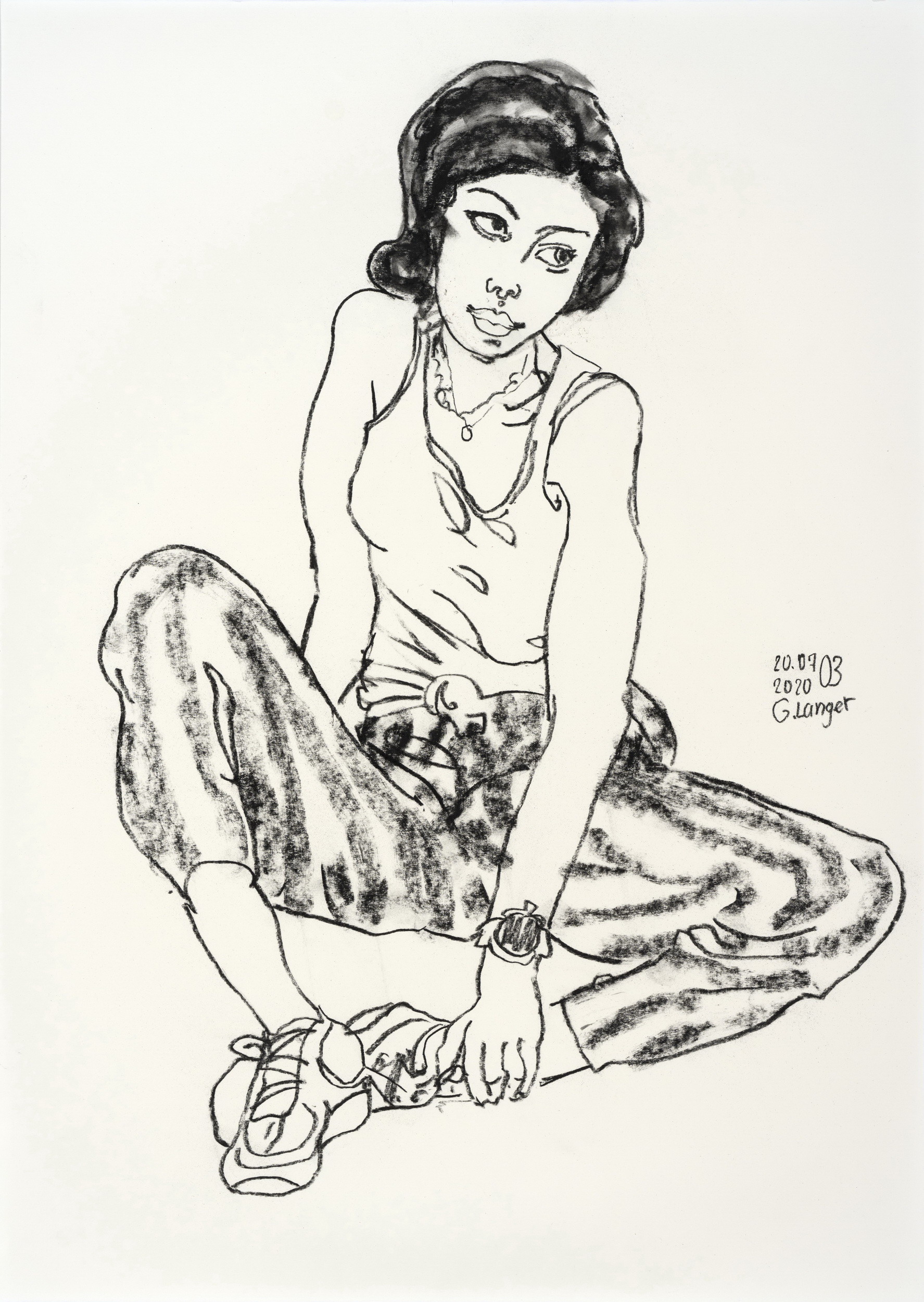 Gunter Langer, Sitzendes Mädchen nach hinten aufgestützt, 2020, Zeichenpapier, 71 x 51 cm